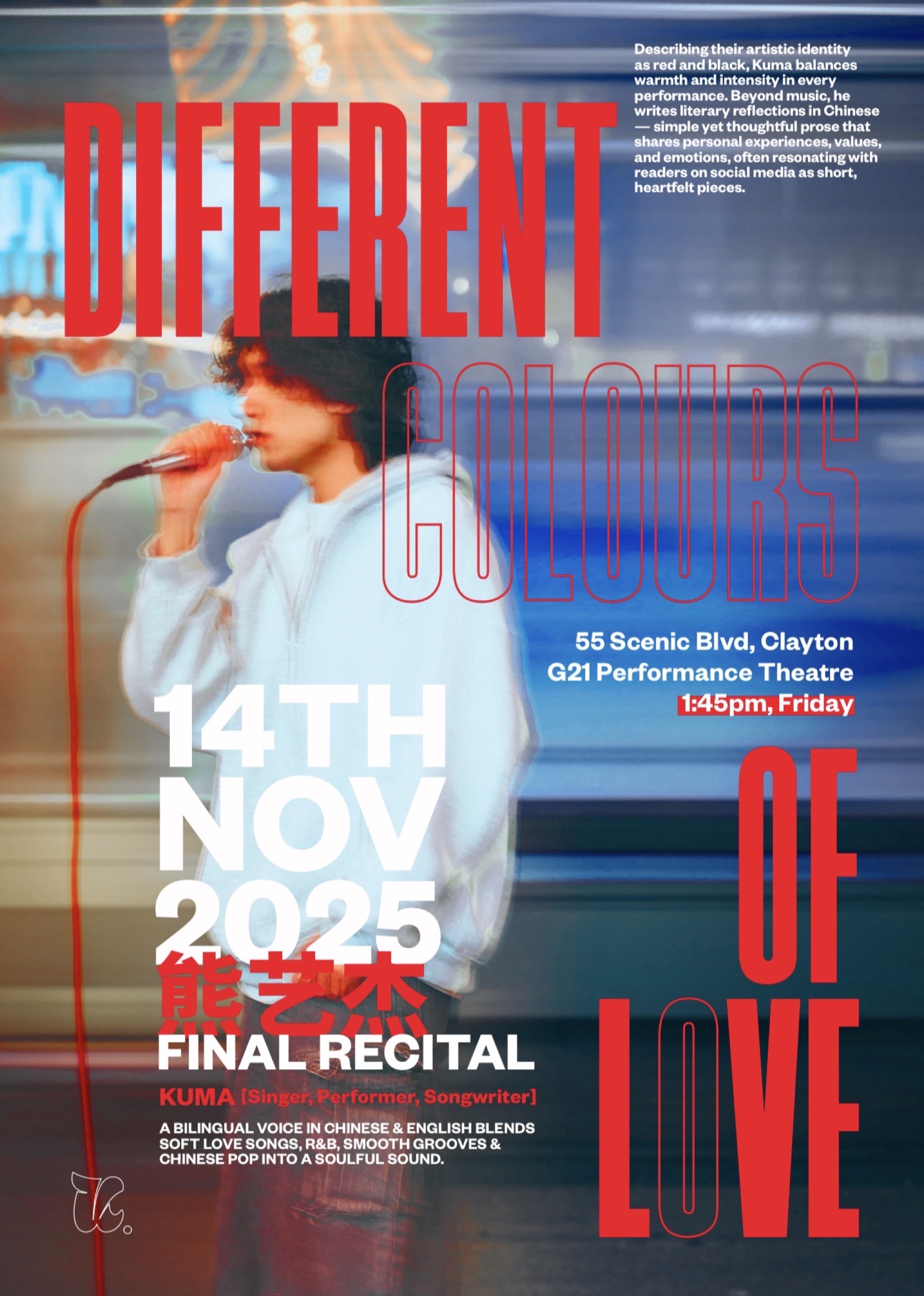 Different Colours of Love recital poster in red, white and blue. The event takes place 14 November 2025.