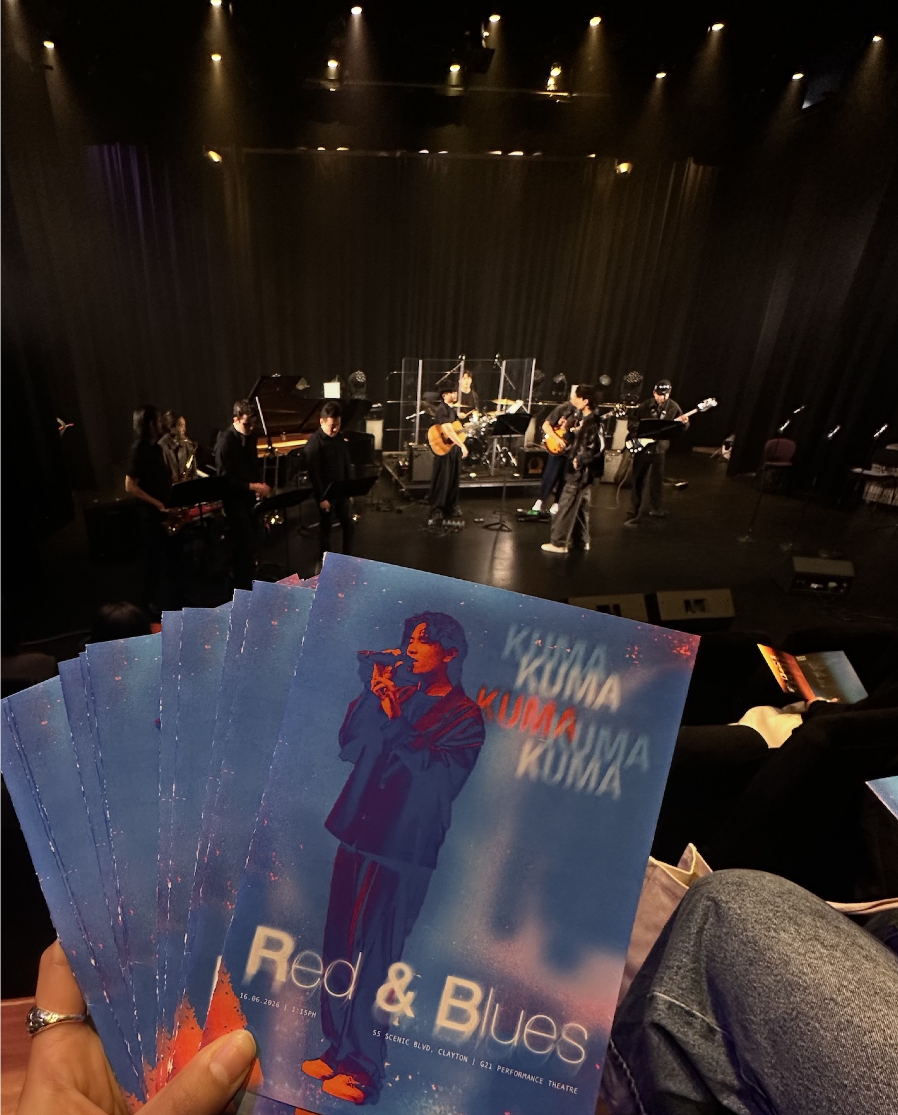 Red and Blues printed programmes held in the audience with the stage beyond.